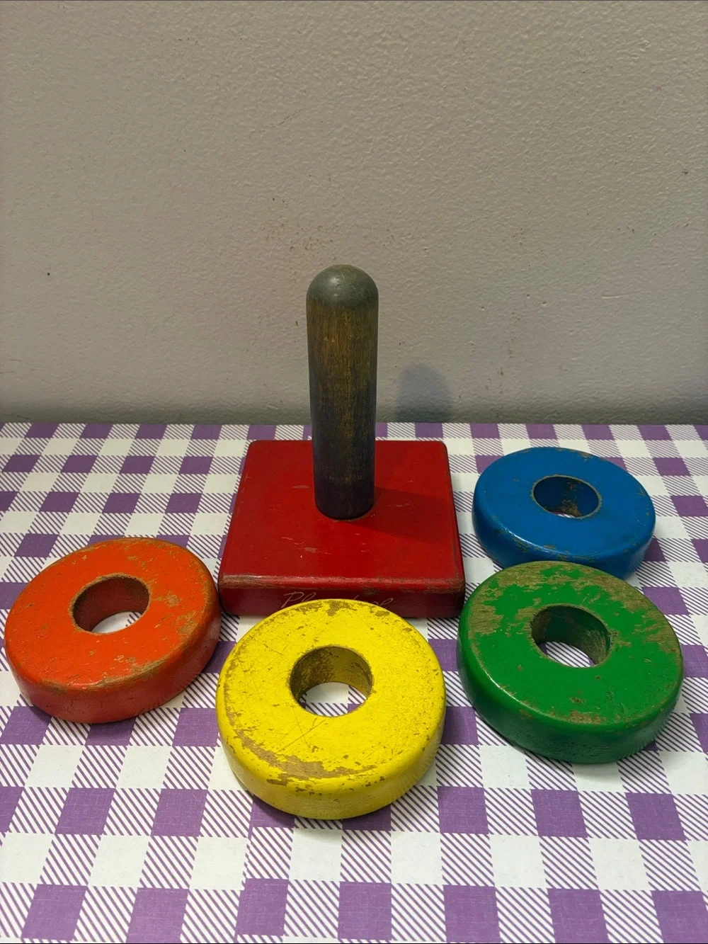 Vintage Playskool Wooden Ring Stacker & Pull-Along Cart - Grasshopper
